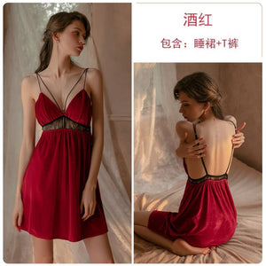 Sexy Sleepwear ServiceHigh-quality Stitching Lace Hollow Deep Green Red V Halter Private house Strap Nightdress Nightgown Set