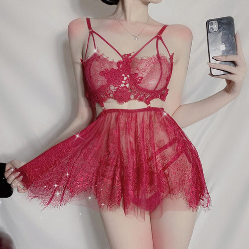 Sexy Sleepwear Set Women Backless Wear Temptation Miniskirt   Lace Nightdress Sleeveless Sexy Fashion Nightwear Free Size