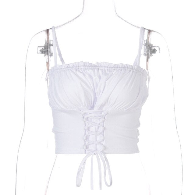 Sexy Spaghetti Strap Halter Crop Top Gothic Clothes Fairy Women Pulovers Y2k Clothes Tanks Camis Female 2021 Summer White Top