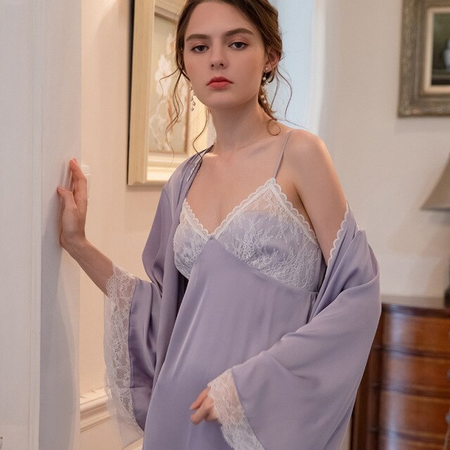 Sexy Spaghetti Strap Nighty&Robe Set Silky Satin Nightgown Twinset Robe Suit Lace Kimono Gown Women Lounge Home Wear Autumn New