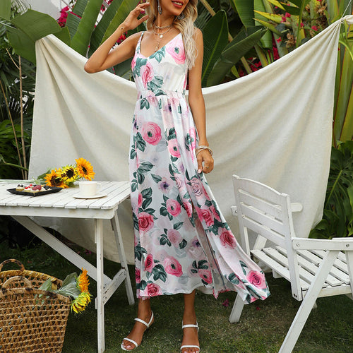 Sexy Spaghetti Strap Sleeveless Dress Women Summer Dress Boho Floral Leopard Print V Neck High Slit Beach Holidays Party Dress