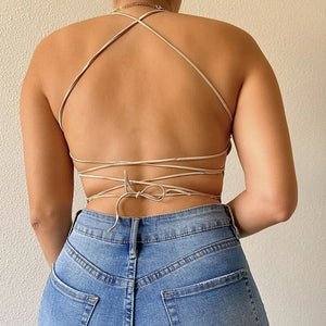 Sexy Summer Backless Satin Cami 2021 Solid Color Halter Lace UP Open Back Crop Top Women Club Wear Tanks Vacation Clothes