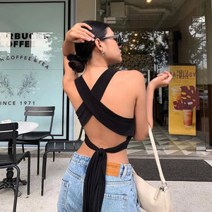 Sexy Summer Halter Crop Tops Women Deep V Neck Cross Bandage Club Bodycon Camis Backless Sexy Tops Black White 2021