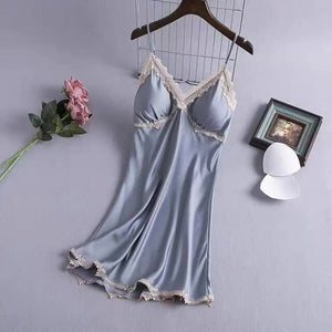 Sexy Suspender Nightdress Women&#39;S Summer Thin Section With Chest Pad Ice Silk Lace Temptation Silk Nightgown Dress Home Service