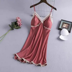 Sexy Suspender Nightdress Women&#39;S Summer Thin Section With Chest Pad Ice Silk Lace Temptation Silk Nightgown Dress Home Service