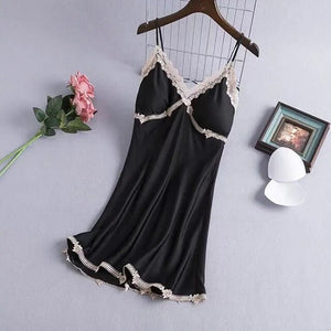 Sexy Suspender Nightdress Women&#39;S Summer Thin Section With Chest Pad Ice Silk Lace Temptation Silk Nightgown Dress Home Service