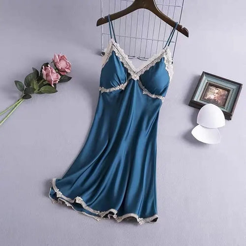 Sexy Suspender Nightdress Women'S Summer Thin Section With Chest Pad Ice Silk Lace Temptation Silk Nightgown Dress Home Service