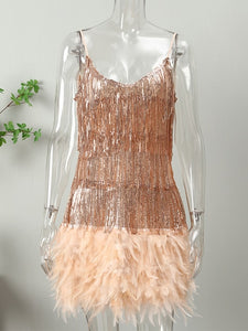 Sexy Tassel Sequins Feather Mini Dress Women Fashion Spaghetti Strap Stitching Dresses Female Elegant Evening Party Club Dress