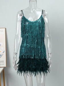 Sexy Tassel Sequins Feather Mini Dress Women Fashion Spaghetti Strap Stitching Dresses Female Elegant Evening Party Club Dress