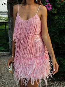 Sexy Tassel Sequins Feather Mini Dress Women Fashion Spaghetti Strap Stitching Dresses Female Elegant Evening Party Club Dress