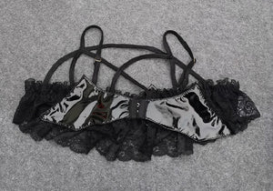 Sexy Temptation Little Devil Underwear Women Collar Bra Panty Garter Set Hollow-out Wireless Bow Intimates Lingerie Sujetador