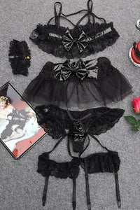 Sexy Temptation Little Devil Underwear Women Collar Bra Panty Garter Set Hollow-out Wireless Bow Intimates Lingerie Sujetador