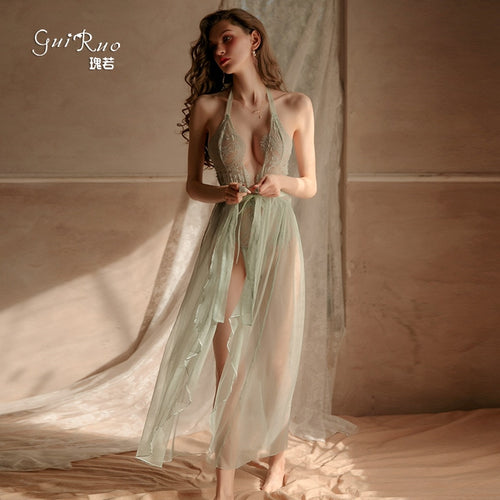 Sexy Temptation Siamese Pajamas Ladies Lace Thin Section Halter Backless Openwork Strap V-neck Mesh Transparent Nightdress Suit