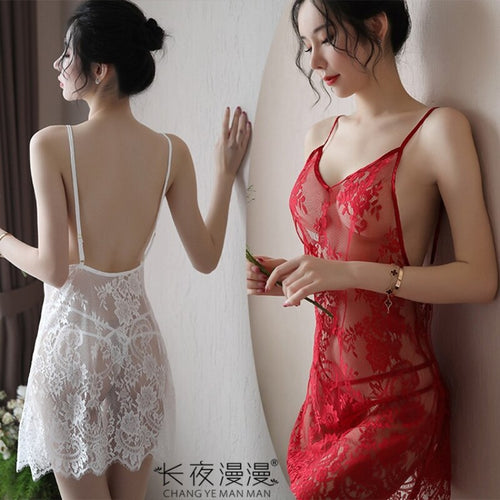 Sexy Underwear Pajamas V-neck Open Back Transparent Suspender Lace Eyelashes Women's Sexy European and American Nightdress