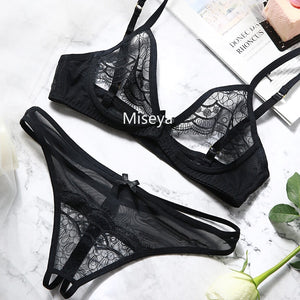 Sexy Underwear Women Embroidery Lace Push Up Underwire Ultra Thin Bra Temptation Sexy See Through Bra and Panty Sets
