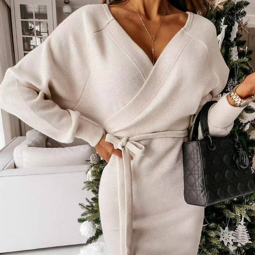Sexy V Neck Autumn Long Sleeve Women Dress Ladies Sashes Backless Casual Office Dress 2021 New Fashion Women Mini Dress Vintage
