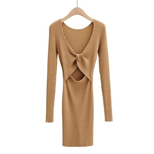 Sexy V Neck Long Sleeve Bodycon Knitted Dress for Women Simple All Match High Waist Vintage Robe Femme Spring Summer Vestidos