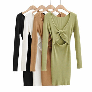 Sexy V Neck Long Sleeve Bodycon Knitted Dress for Women Simple All Match High Waist Vintage Robe Femme Spring Summer Vestidos