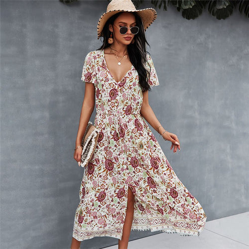 Sexy V Neck Print Dress Women 2021 Spring New Casual Short Sleeve Floral Dress For Woman Summer High Waist Dress