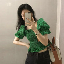 Load image into Gallery viewer, Sexy Vintage Elastic High Waist Square Neck Green Leopard Blouse Women Summer Puff Short Sleeve Crop Tops Fashion Chic Blusas