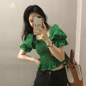 Sexy Vintage Elastic High Waist Square Neck Green Leopard Blouse Women Summer Puff Short Sleeve Crop Tops Fashion Chic Blusas