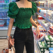 Load image into Gallery viewer, Sexy Vintage Elastic High Waist Square Neck Green Leopard Blouse Women Summer Puff Short Sleeve Crop Tops Fashion Chic Blusas