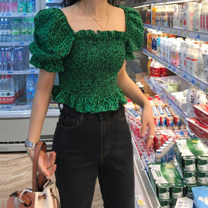 Sexy Vintage Elastic High Waist Square Neck Green Leopard Blouse Women Summer Puff Short Sleeve Crop Tops Fashion Chic Blusas
