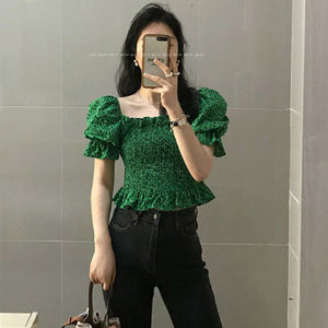 Sexy Vintage Elastic High Waist Square Neck Green Leopard Blouse Women Summer Puff Short Sleeve Crop Tops Fashion Chic Blusas