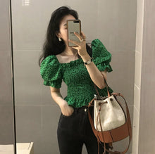 Load image into Gallery viewer, Sexy Vintage Elastic High Waist Square Neck Green Leopard Blouse Women Summer Puff Short Sleeve Crop Tops Fashion Chic Blusas