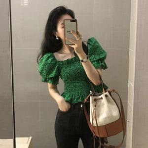 Sexy Vintage Elastic High Waist Square Neck Green Leopard Blouse Women Summer Puff Short Sleeve Crop Tops Fashion Chic Blusas