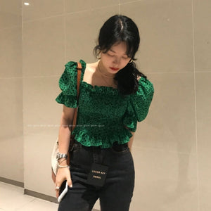 Sexy Vintage Elastic High Waist Square Neck Green Leopard Blouse Women Summer Puff Short Sleeve Crop Tops Fashion Chic Blusas