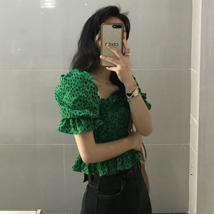 Sexy Vintage Elastic High Waist Square Neck Green Leopard Blouse Women Summer Puff Short Sleeve Crop Tops Fashion Chic Blusas