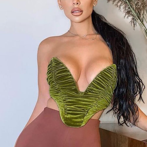 Sexy Vintage Patchwork Folds V Neck Women Crop Top Pure Green Low-cut Open Back and Chest Wrap Slim Fit Casual Vest 2022 New