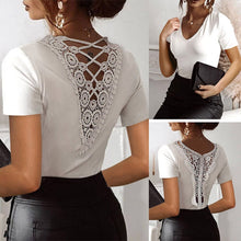 Load image into Gallery viewer, Sexy White Lace Patchwork Hollow Out Shirt Blouses Fashion Summer V-neck Short Sleeve Solid Slim Shirt For Women 2021 Tops Femme