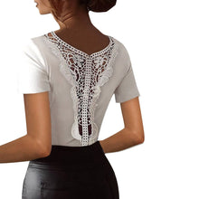 Load image into Gallery viewer, Sexy White Lace Patchwork Hollow Out Shirt Blouses Fashion Summer V-neck Short Sleeve Solid Slim Shirt For Women 2021 Tops Femme