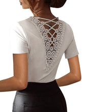 Load image into Gallery viewer, Sexy White Lace Patchwork Hollow Out Shirt Blouses Fashion Summer V-neck Short Sleeve Solid Slim Shirt For Women 2021 Tops Femme