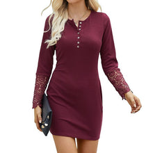 Load image into Gallery viewer, Sexy Women Bodycon Dress Autumn 2021 Long Sleeve Ribbed Lace Splicing Buttons Slim Mini Party Dress Ladies