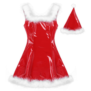 Sexy Women Christmas Dress Adult Mrs Santa Claus Outfit Fancy Cosplay Santa Costume Clubwear Latex Feather Dress with Hat