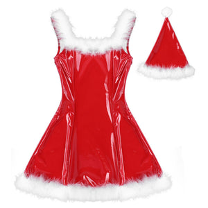Sexy Women Christmas Dress Adult Mrs Santa Claus Outfit Fancy Cosplay Santa Costume Clubwear Latex Feather Dress with Hat