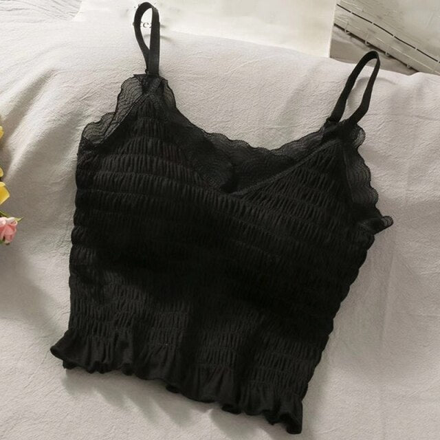 Sexy Women Folds V-Neck Camis Solid Short Style Underwear Comfort Ladies Summer Lace Camisole Lingerie Backless Crop Top Female