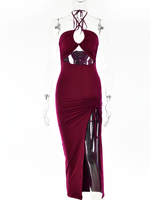 Sexy Women High Slit Halter Prom Dress Summer Sleeveless Wrinkled Party Dresses Female Backless Slim Night Club Dress Robe été