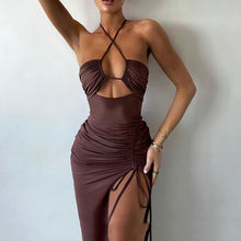 Load image into Gallery viewer, Sexy Women High Slit Halter Prom Dress Summer Sleeveless Wrinkled Party Dresses Female Backless Slim Night Club Dress Robe été