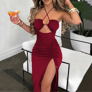 Sexy Women High Slit Halter Prom Dress Summer Sleeveless Wrinkled Party Dresses Female Backless Slim Night Club Dress Robe été