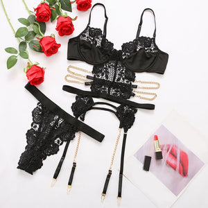 Sexy Women Lace Bras Panties G-String Garter Set Sexy Lingerie Sets Thong Panties Garters Mesh Bandage Underwear Sleepwear