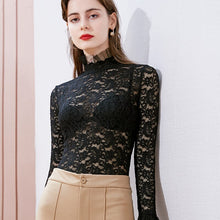 Load image into Gallery viewer, Sexy Women Lace Tops And Shirt New 2021 Spring Autumn Turtleneck Hollow Out Women Tops Tees Elegant Slim Flare Sleeve  T-Shirt
