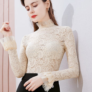 Sexy Women Lace Tops And Shirt New 2021 Spring Autumn Turtleneck Hollow Out Women Tops Tees Elegant Slim Flare Sleeve  T-Shirt