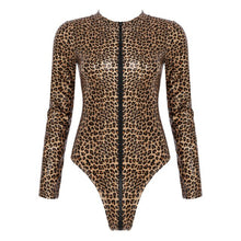 Load image into Gallery viewer, Sexy Women Leopard Bodysuit Mock Neck Zipper Leather Catsuit High Cut Leotard Clubwear Bodycon Jumpsuit Bodys Romper Overalls