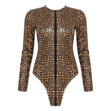 Load image into Gallery viewer, Sexy Women Leopard Bodysuit Mock Neck Zipper Leather Catsuit High Cut Leotard Clubwear Bodycon Jumpsuit Bodys Romper Overalls