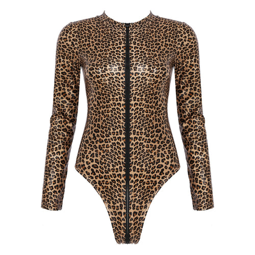 Sexy Women Leopard Bodysuit Mock Neck Zipper Leather Catsuit High Cut Leotard Clubwear Bodycon Jumpsuit Bodys Romper Overalls