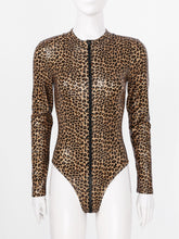 Load image into Gallery viewer, Sexy Women Leopard Bodysuit Mock Neck Zipper Leather Catsuit High Cut Leotard Clubwear Bodycon Jumpsuit Bodys Romper Overalls